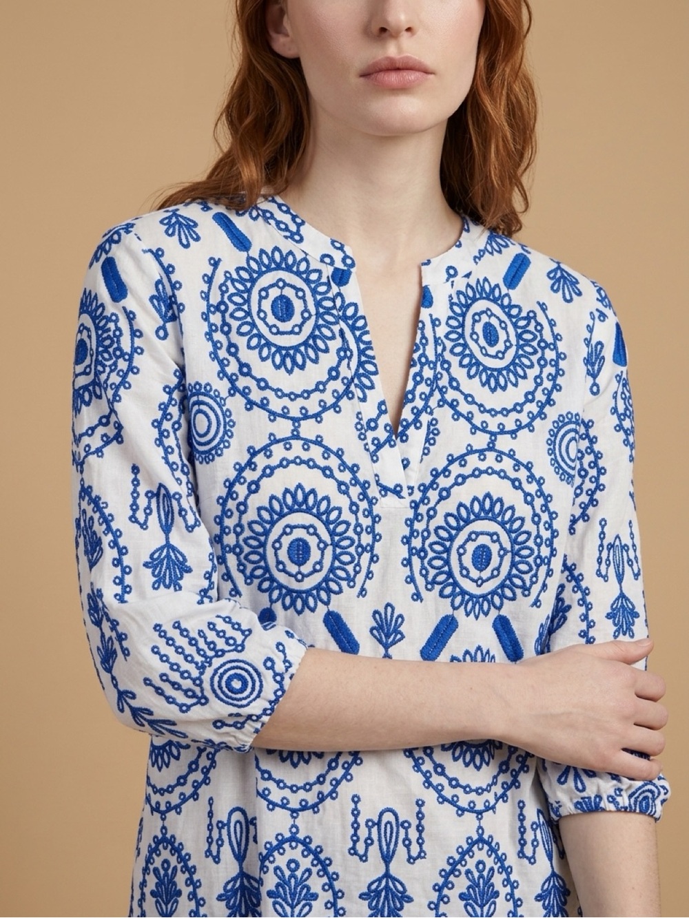 Embroidered White Tunic from Greece with Cobalt Blue Medallions by MerSea